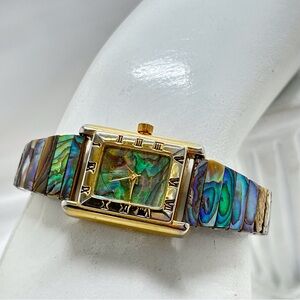 Netec, Stunning Abalone Watch, Gold Bezel, Stretch Metal Band, Working Order